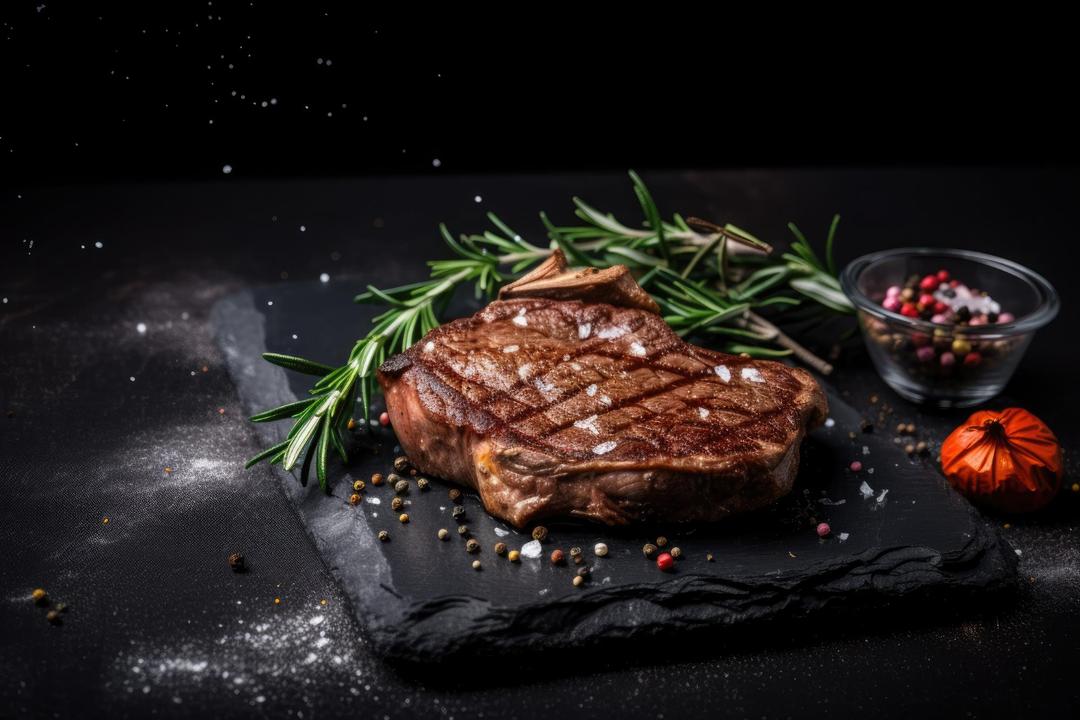 Grilled beef steaks with spices and herbs on black slate